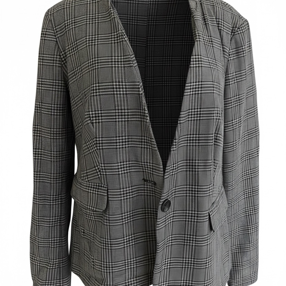 Ladies Premise Grey Plaid Single-Button Blazer